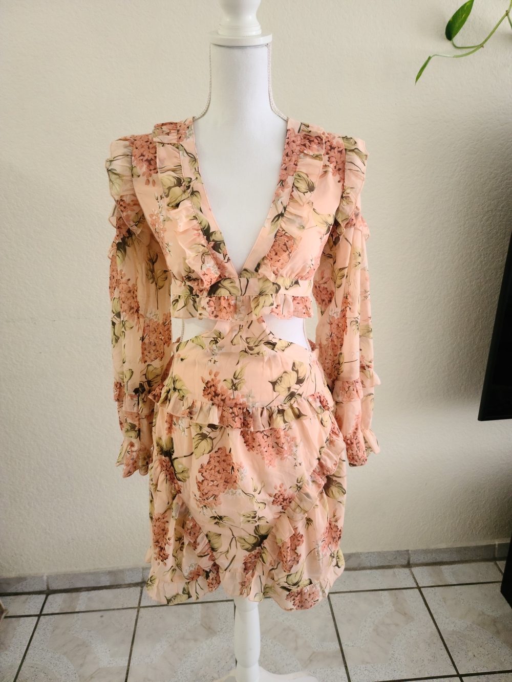 Mazik Peach Floral Ruffle Cutout Mini Dress
